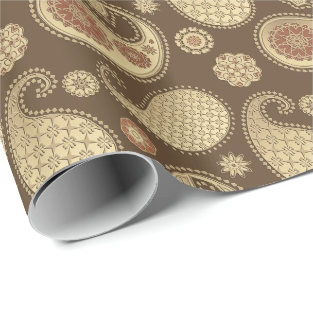 Paisley mönster, Soft Guld på Chocolate Brown Presentpapper (Rullad Hörn)