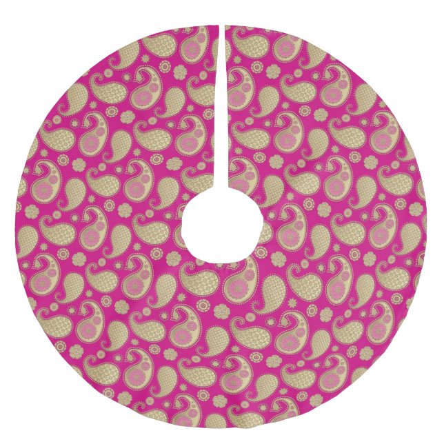 Paisley mönster, Soft Guld på Deep Fuchsia Rosa Julgransmatta Borstad Polyester (Framsidan)