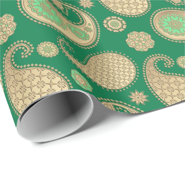 Paisley mönster, Soft Guld på Emerald Grönt Presentpapper (Rullad Hörn)
