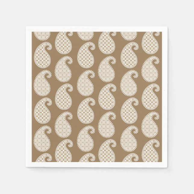 Paisley mönster, taupe tan och vit pappersservett (Framsidan)