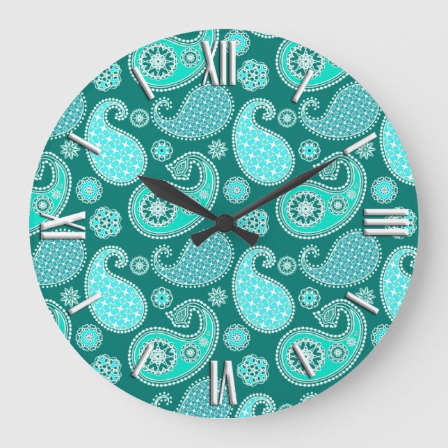 Paisley mönster, Turcouise, Aqua och White Stor Klocka (Framsida)