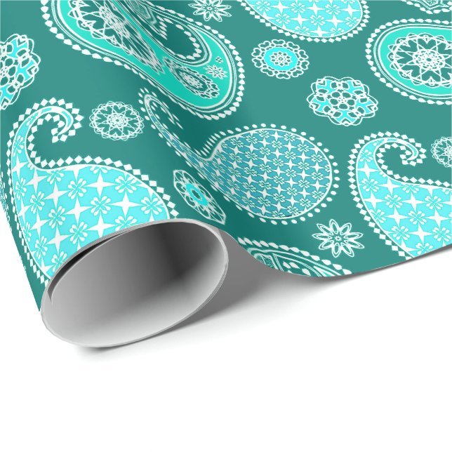 Paisley mönster, Turquise, Aqua and White Presentpapper (Rullad Hörn)
