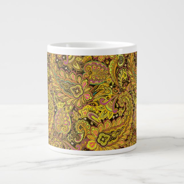 Paisley Motif in Yellow, Brown on Black Background Jumbo Mugg (Framsidan)
