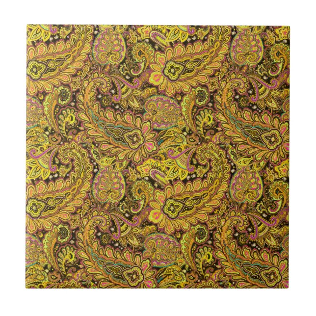 Paisley Motif in Yellow, Brown on Black Background Kakelplatta (Framsidan)