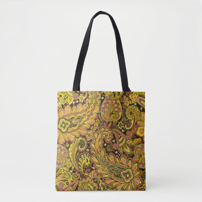 Paisley Motif in Yellow, Brown on Black Background Tygkasse (Framsida)