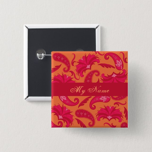 Paisley Namn bricka Badge Red Orange Parisian Knapp (Framsida & baksida)
