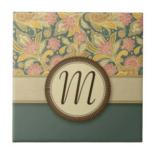 Paisley och fläkten blommar med monogramen kakelplatta