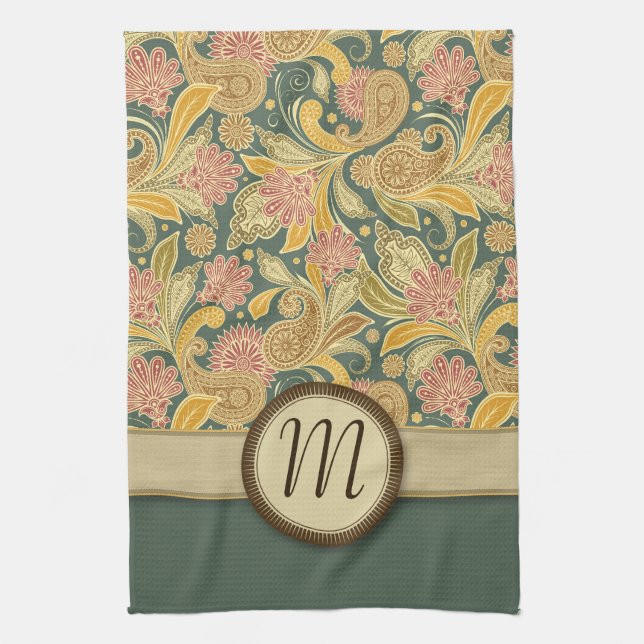 Paisley och fläkten blommar med monogramen kökshandduk (Vertikal)