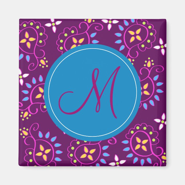 Paisley på lila med "M" monogram Magnet (Framsidan)