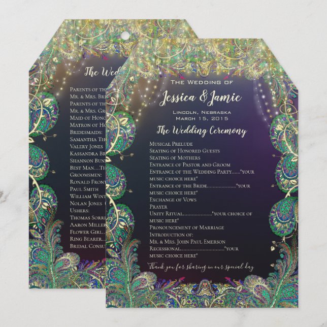 Paisley Påfågel Färger Bröllopsprogram Program (Fram/baksida)