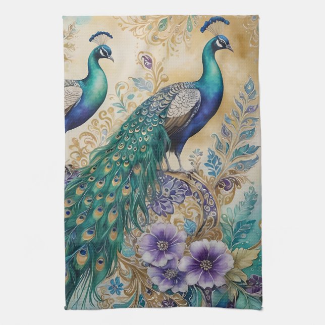 Paisley Peacock Blommigt Watercolor Kökshandduk (Vertikal)