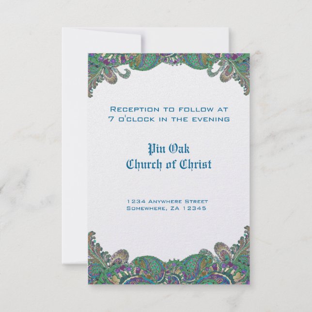 Paisley Peacock Färg bröllopskort Inbjudningar (Baksida)