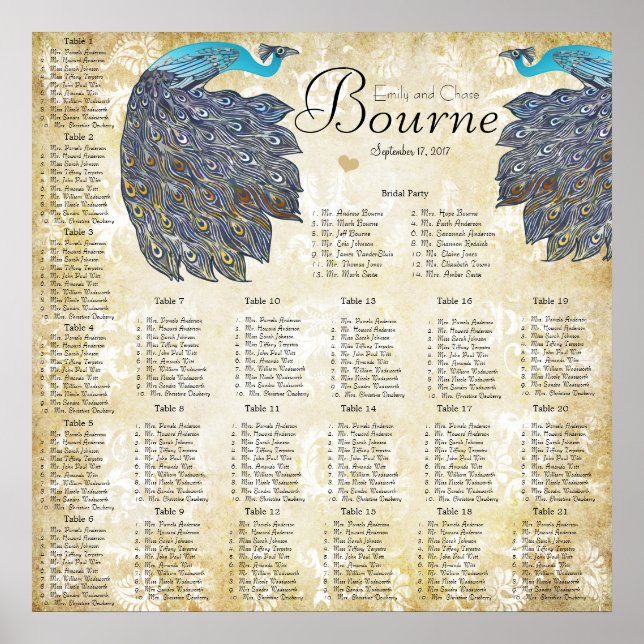 Paisley Peacock Färg Reception Sittschema Poster (Framsidan)