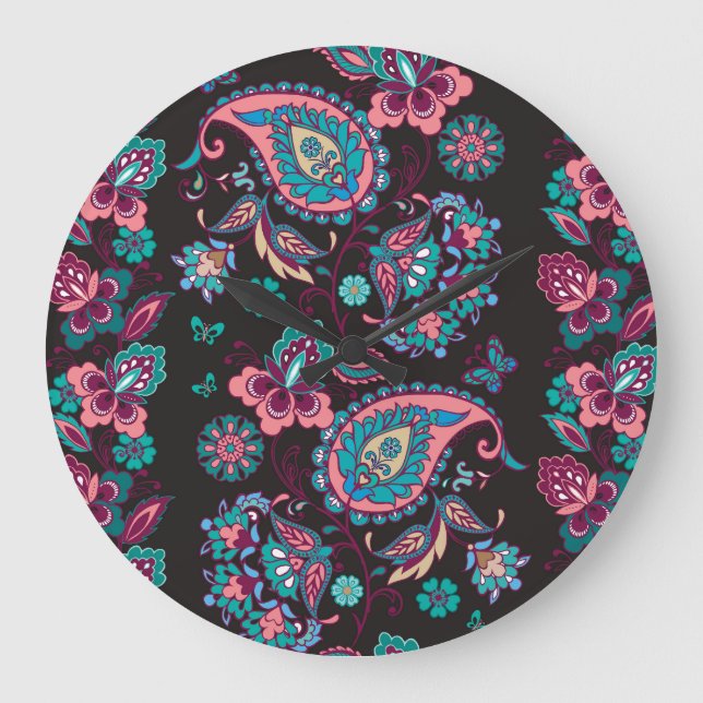 Paisley Rand: Black Decorative Seamless Stor Klocka (Framsida)