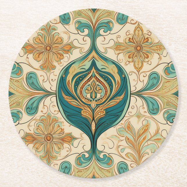 Paisley Smaragd Coaster Underlägg Papper Rund (Framsidan)