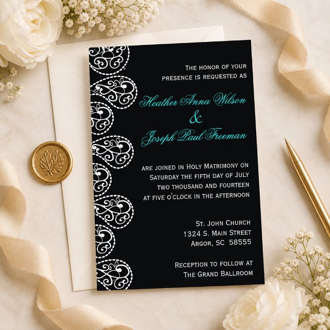 Paisley Svart och Vitt Bröllopsinbjudan Inbjudningar (Paisley Black and White Wedding Invitation)