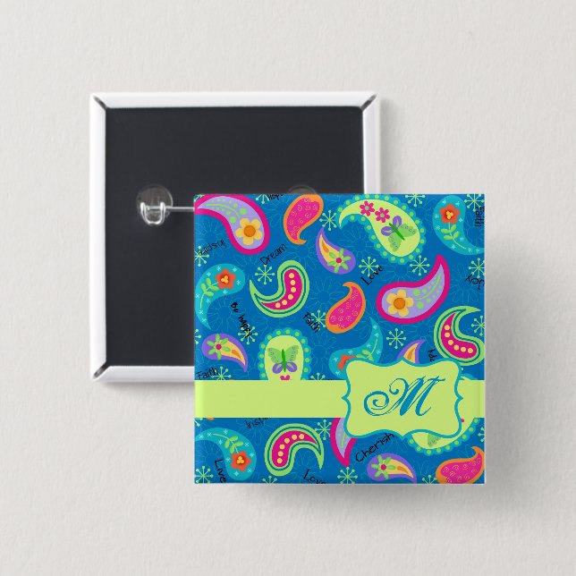 Paisley Turcos Blue Grönt Modern Monogram Knapp (Framsida & baksida)