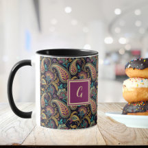 Paisley Vintage Look Black Purple Monogram Initial