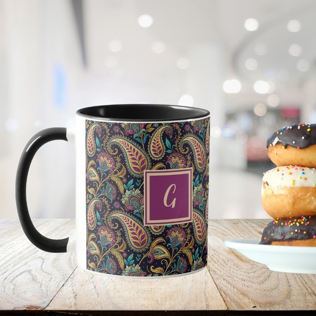 Paisley Vintage Look Black Purple Monogram Initial Mugg (Skapare uppladdad)