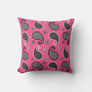 Paisleymönster, fuchsia rosa, svart och vit kudde