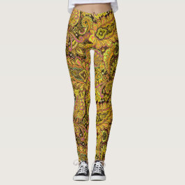 Paisleymönster i gult, brunt på svart bakgrund leggings