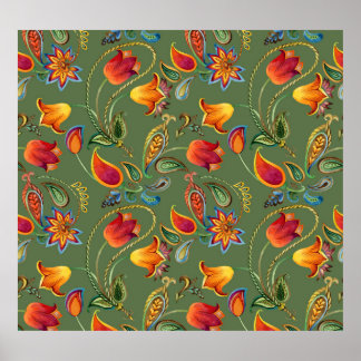 Paisleys vattenfärgblommor, sömlös indiansk motiv. poster
