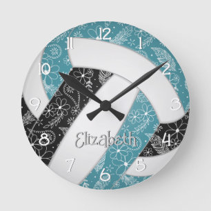 paislies boho blommönster teal black volleyball rund klocka