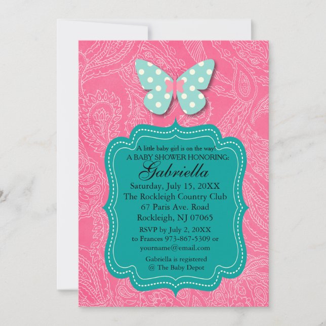 Paisly Rosa med Butterfly Baby Shower-inbjudan Inbjudningar (Framsida)