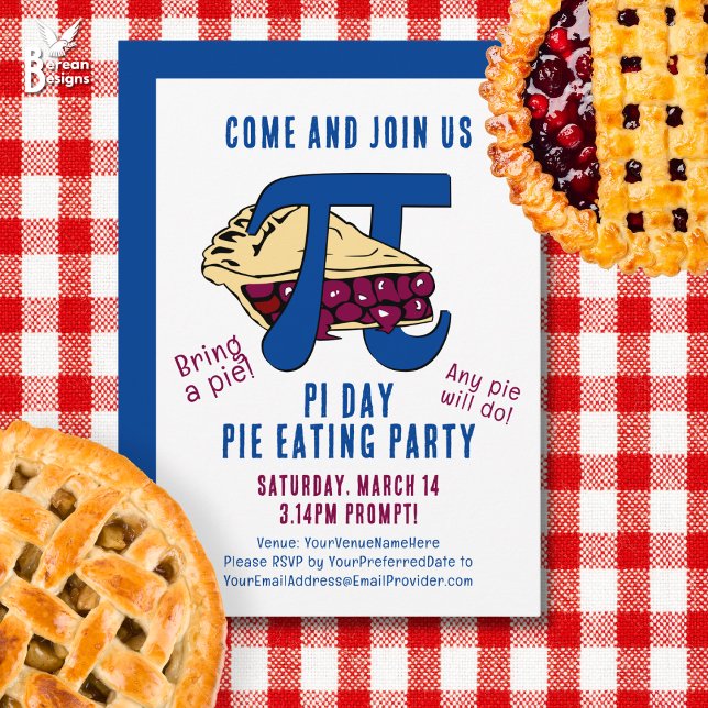 Paj Eating PI DAY Party Inbjudningar (Fun PI DAY party invitation featuring cherry pie and PI math symbol. Matching party supplies.)