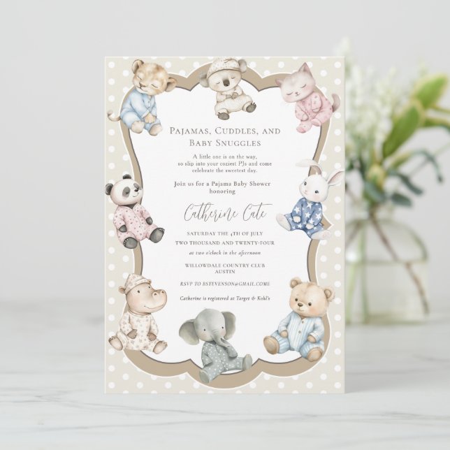 Pajama Party Animal Theme Baby Shower  Inbjudningar (Stående Fram)