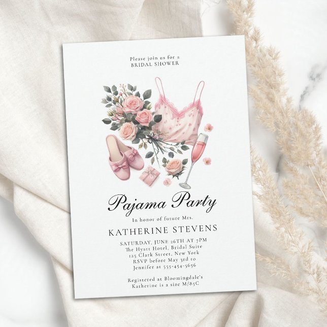 Pajama Party PJ Lingerie Ro Chic Möhippa Inbjudningar (pajama party bridal shower pj slumber sleepover champagne roses watercolor pink elegant classy chic)