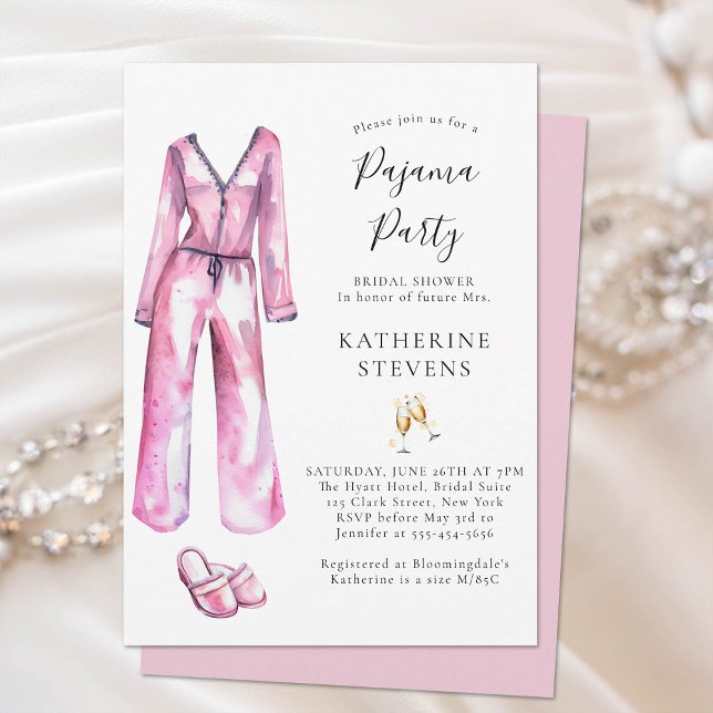 Pajama Party PJ Lingerie Slumber Möhippa Inbjudningar (pajama party bridal shower invitation watercolor pj slippers champagne elegant pink lingerie classy)