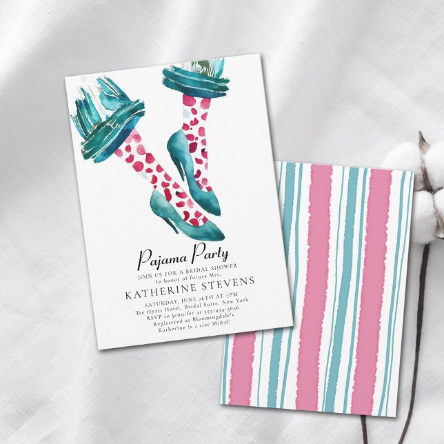 Pajama Party Rosa Teal PJ Stilettos Möhippa Inbjudningar (pajama party bridal shower invitation whimsical watercolor unique original art pj stilettos cute)
