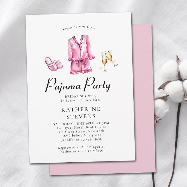 Pajama Party Slumber PJ Champagne Möhippa Inbjudningar (pajama party bridal shower invitation watercolor pj slippers champagne prosecco lingerie elegant )