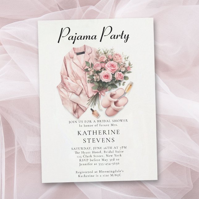 Pajama Party Slumber Ro Champagne Möhippa Inbjudningar (pajama party bridal shower pj slumber sleepover champagne roses watercolor pink elegant classy)
