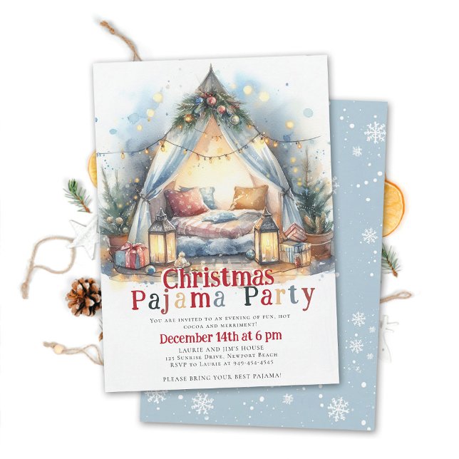 Pajama Party Tält Pillow Twinkle Ljus Inbjudningar (christmas pajama party invitation slumber sleepover tent watercolor twinkle lights happy colorful )