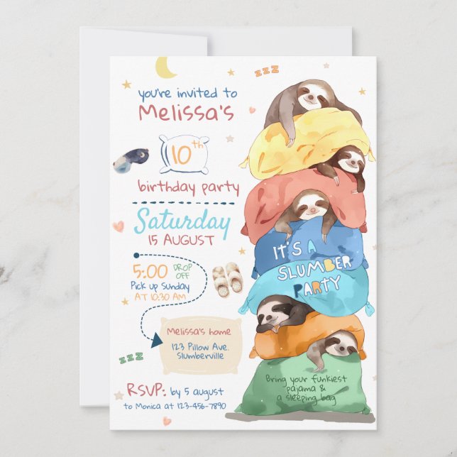 Pajama Sloth Slumber party Birthday-inbjudan Inbjudningar (Framsida)