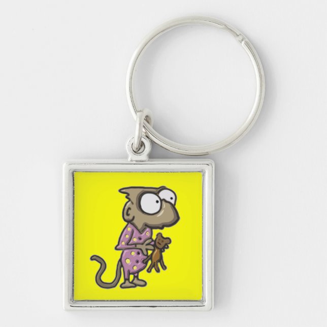 Pajamaapa Keychain Fyrkantig Silverfärgad Nyckelring (Framsidan)