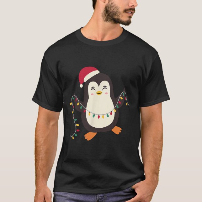 Pajamas Cute Penguins Julafton Santa Ljus jul T Shirt (Framsida)