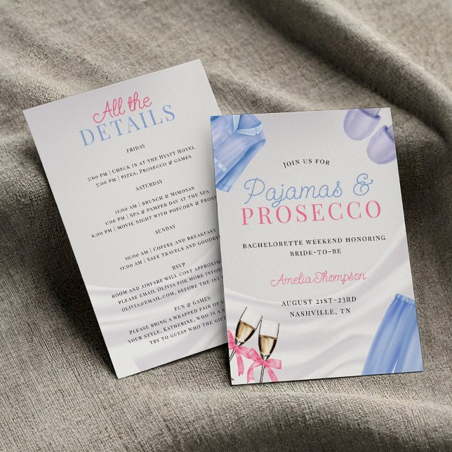 Pajamas och Prosecco Bachelorette Party Inbjudningar (Pajamas and Prosecco Bachelorette , PJs and Prosecco Pajama Party Bachelorette weekend Invitation)