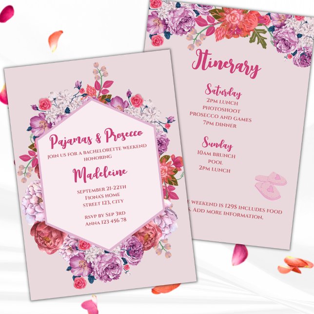 Pajamas och Prosecco-Blommigten Bachelorette Helg Inbjudningar (pajamas and prosecco pj's and prosecco bachelorette party invitation weekend itinerary floral pink)