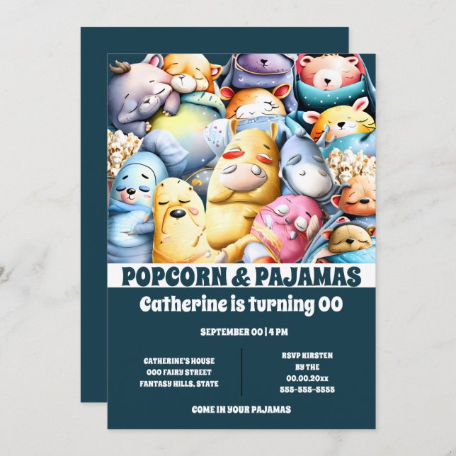 Pajamas popcorn tecknad animals sov sleepover inbjudningar (Fram/baksida)
