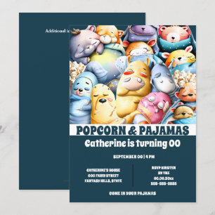 Pajamas popcorn tecknad animals sov sleepover inbjudningar