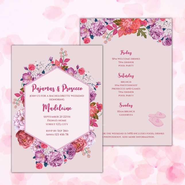 Pajamas & Prosecco Bachelorette Helg Inbjudningar (pajamas and prosecco bachelorette party weekend invitation pink floral elegant bachelorette weekend )