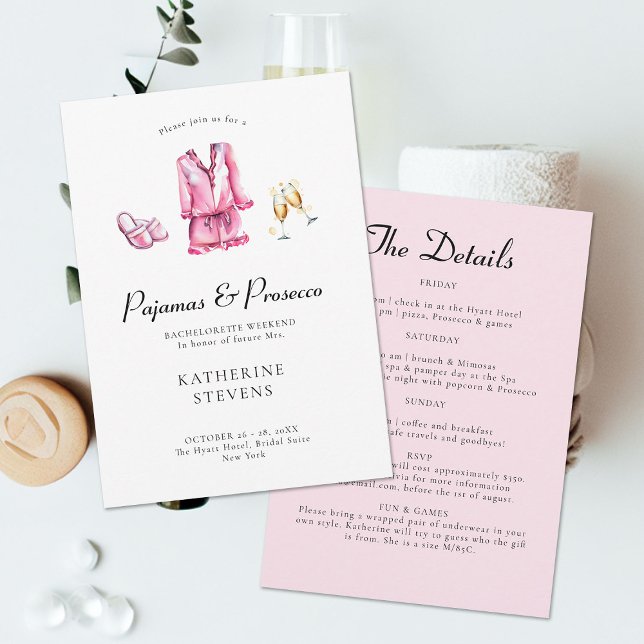 Pajamas Prosecco Bachelorette Party Itinerary Inbjudningar (pajamas prosecco bachelorette weekend party itinerary pj champagne pink watercolor girls night out)