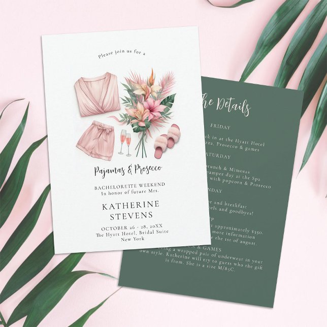 Pajamas Prosecco Bachelorette Tropical 2 Itinerary Inbjudningar (pajamas prosecco bachelorette itinerary invitation champagne tropical floral lingerie pj classy)