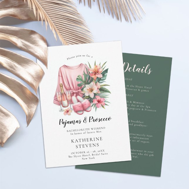 Pajamas Prosecco Bachelorette Tropical Itinerary Inbjudningar (pajamas prosecco bachelorette itinerary invitation champagne tropical greenery lingerie pj classy)