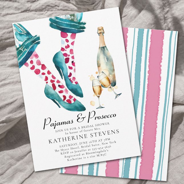 Pajamas Prosecco Lingerie Party Rosa Möhippa Inbjudningar (pajamas and prosecco high heels pj party bridal shower invitation watercolor hot pink teal polka dot)
