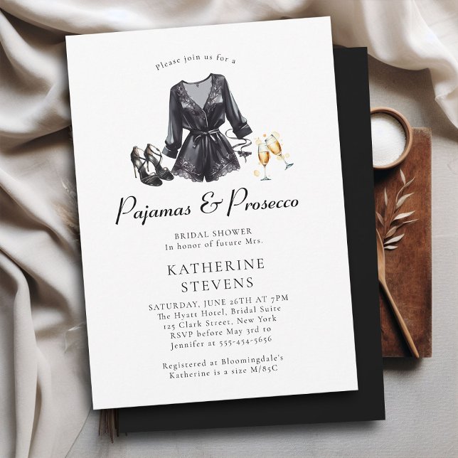 Pajamas Prosecco PJ Black Lingerie Möhippa Inbjudningar (pajama pj lingerie party bridal shower invitation black night robe champagne pajamas prosecco classy)