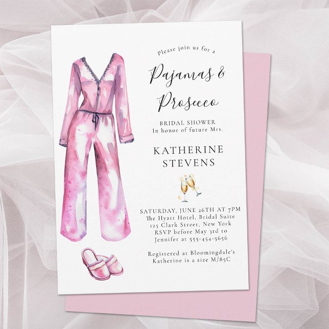 Pajamas Prosecco PJ Lingerie Party Möhippa Inbjudningar (pajamas and prosecco bridal shower invitation watercolor pj slippers champagne elegant pink classy)
